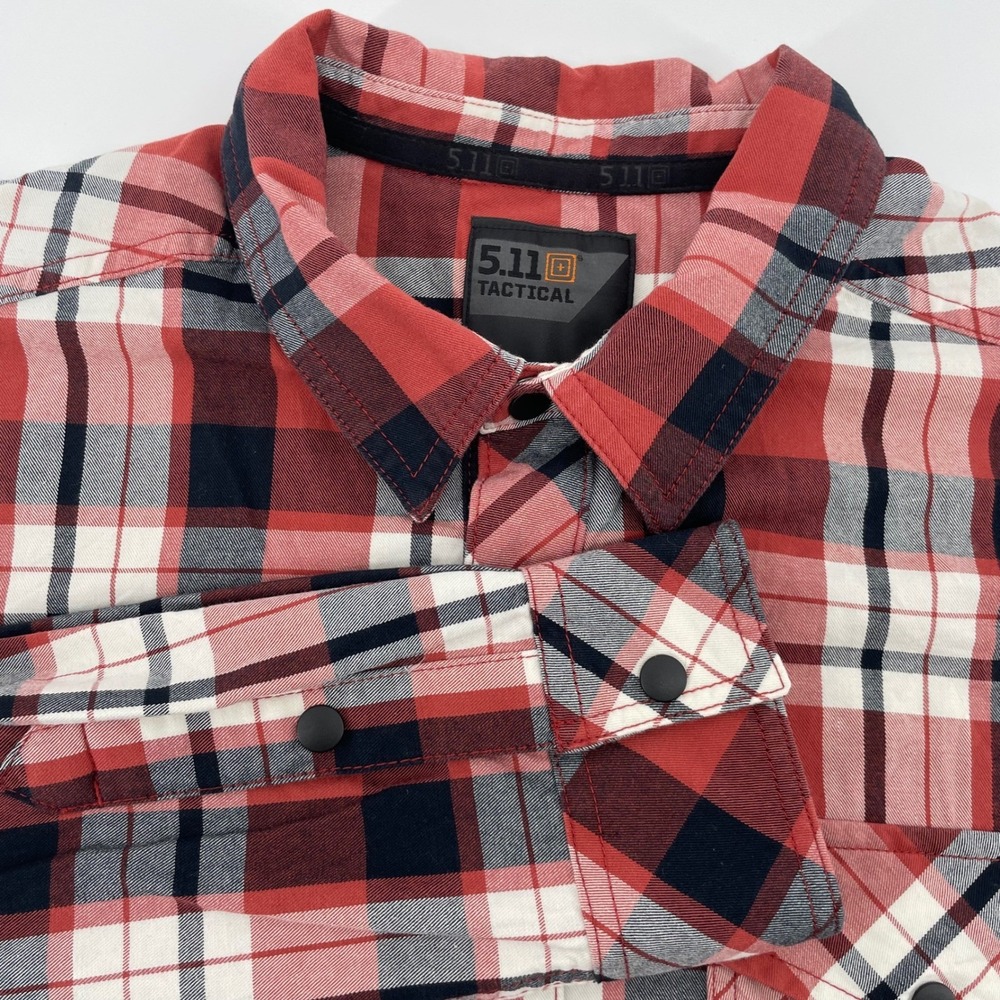 5.11 Tactical Men's Medium Red Plaid Long Sleeve Snap Front Cotton Shirt
